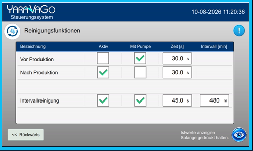 HMI Ansicht Reinigungsfunktionen